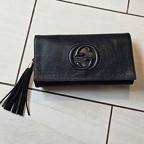Gucci Soho Tassel Clutch Black Leather GG Logo - Picture 1 of 16